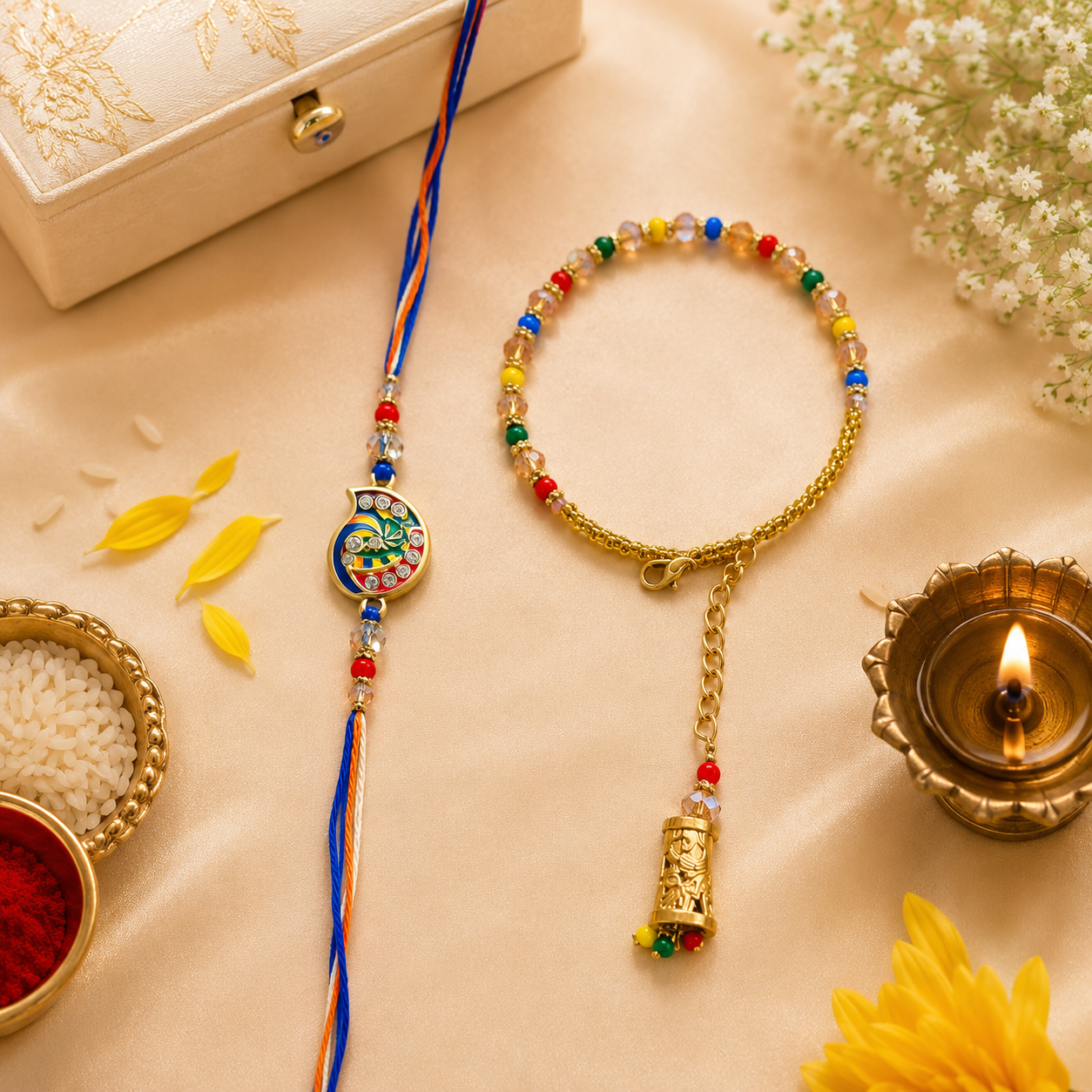 Premium Krishna Bhaiya Bhabhi Rakhi Set with Designer Bracelet Lumba