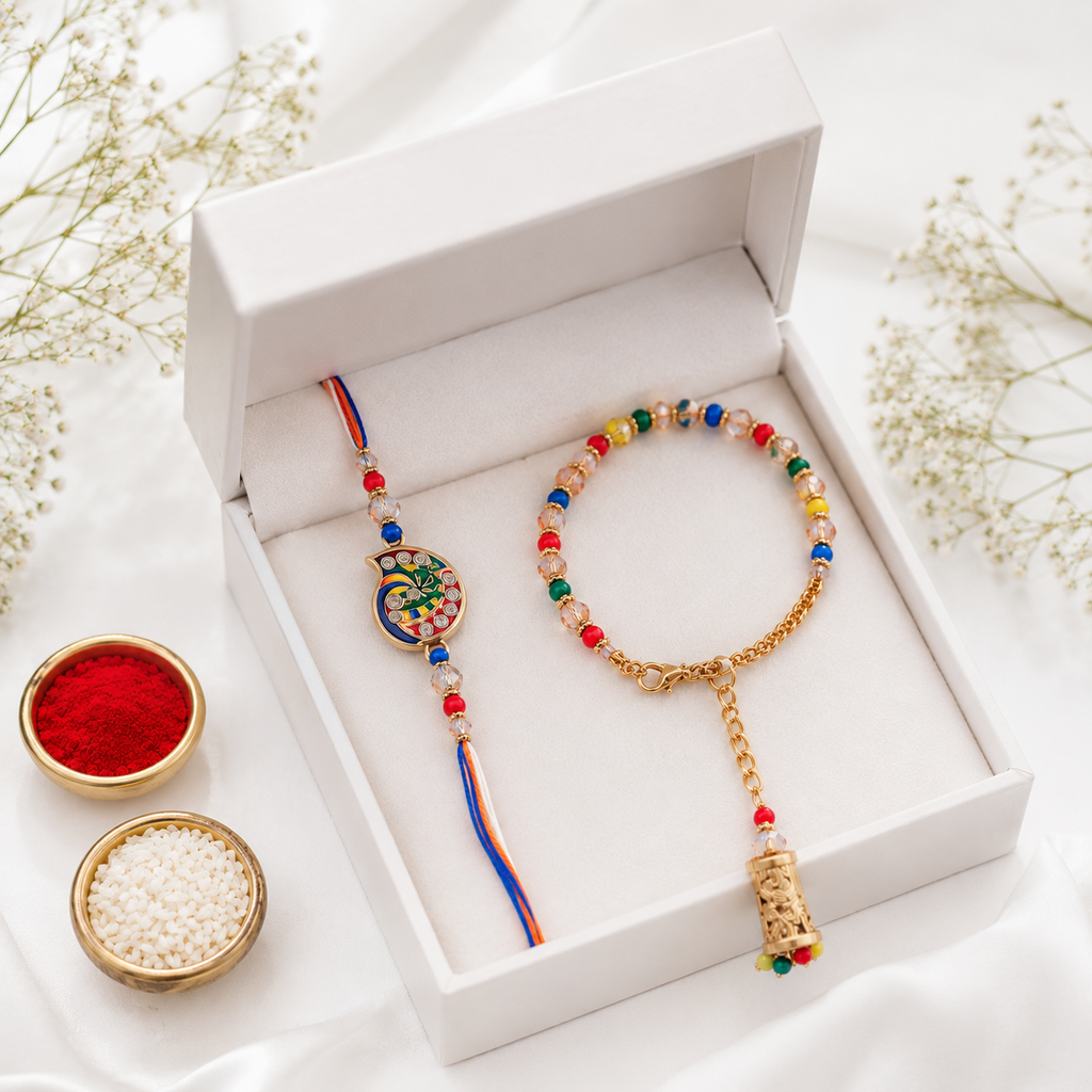 Premium Krishna Bhaiya Bhabhi Rakhi Set with Designer Bracelet Lumba