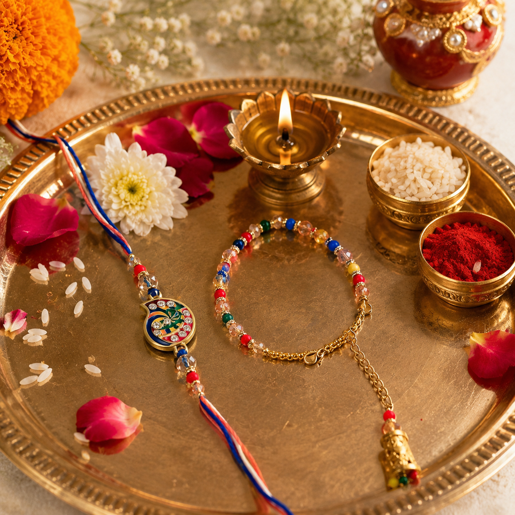 Premium Krishna Bhaiya Bhabhi Rakhi Set with Designer Bracelet Lumba