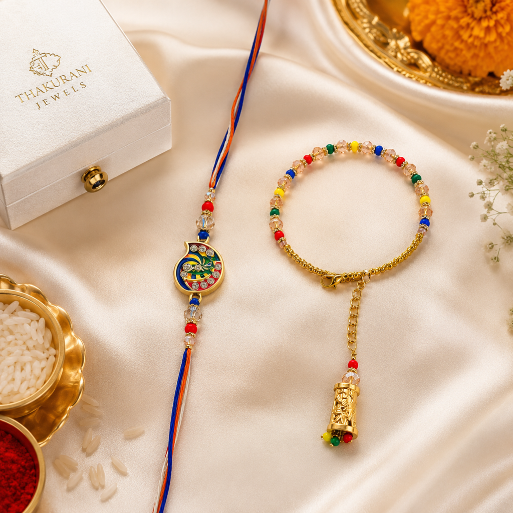 Premium Krishna Bhaiya Bhabhi Rakhi Set with Designer Bracelet Lumba
