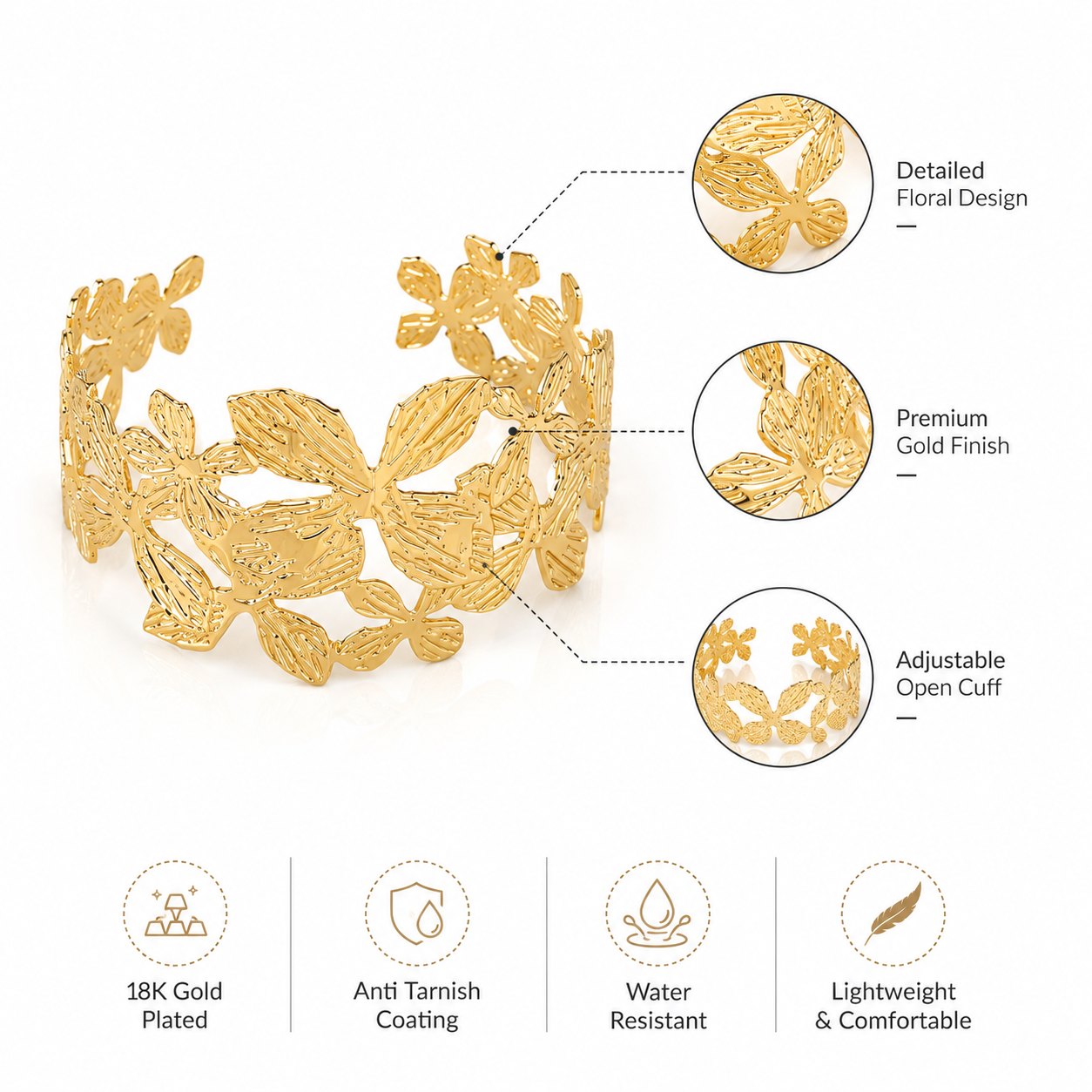 18K Gold Floral Cuff Bracelet