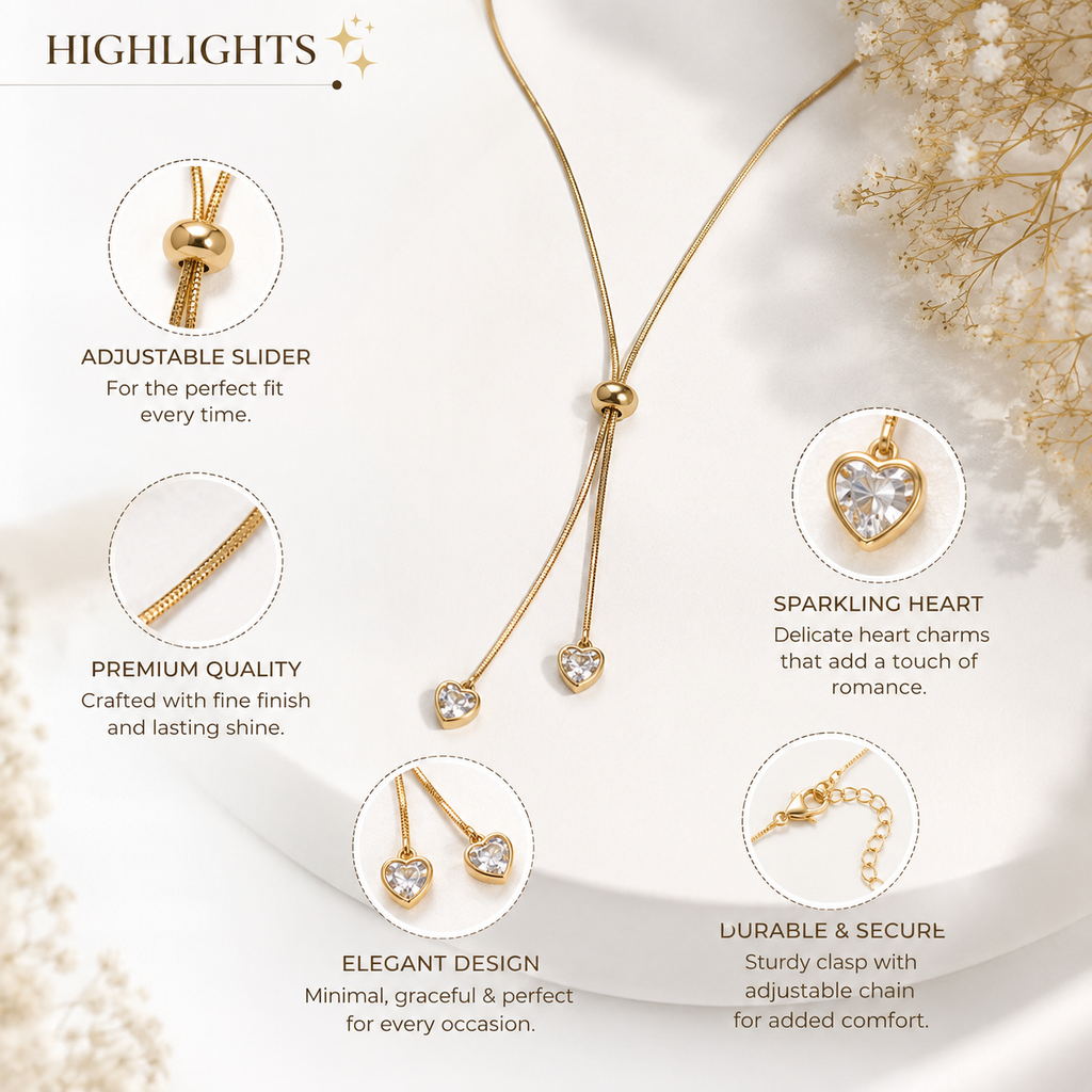 Adjustable Gold Heart Drop Necklace for Women | Anti-Tarnish Crystal Pendant Necklace