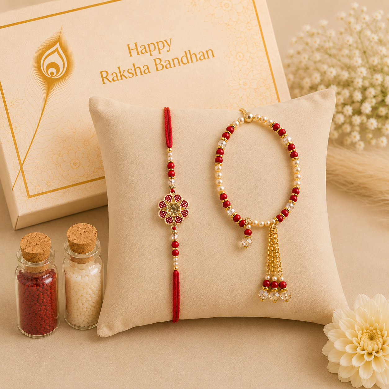 Premium Floral Bhaiya Bhabhi Rakhi Set with Pearl Lumba Bracelet
