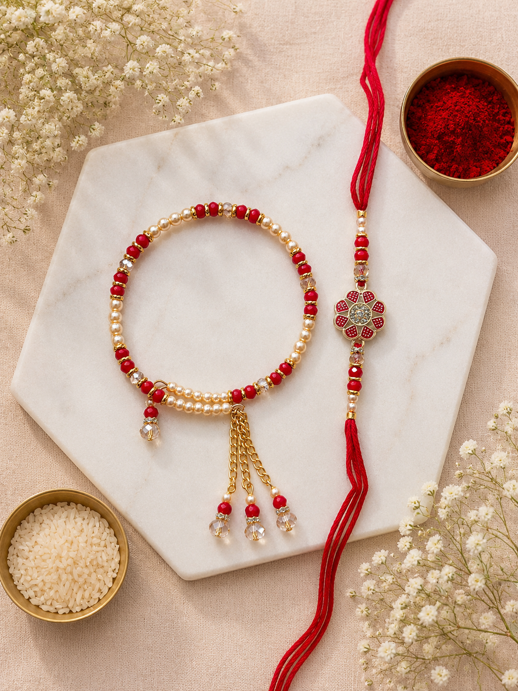Premium Floral Bhaiya Bhabhi Rakhi Set with Pearl Lumba Bracelet