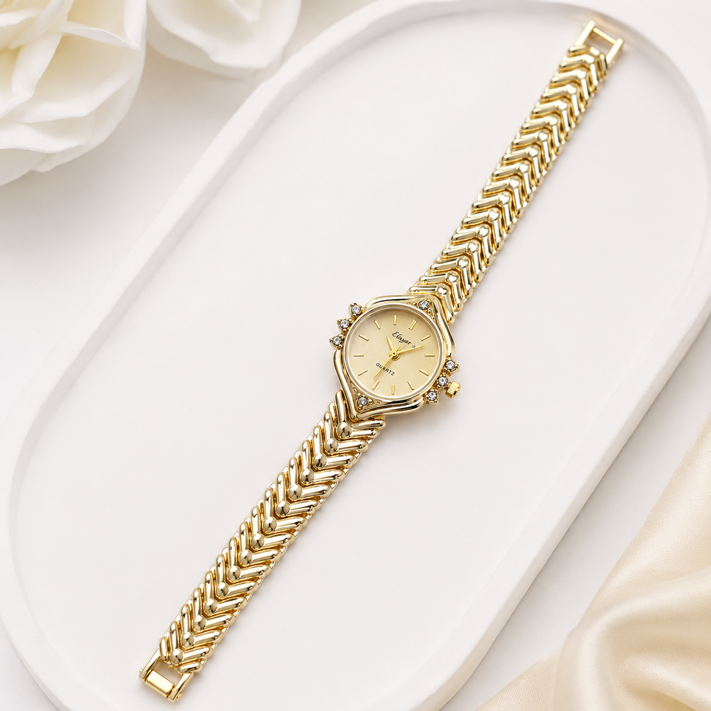 Luxury Gold Crystal Bracelet Watch for Women | Elegant Quartz Analog Wrist Watch