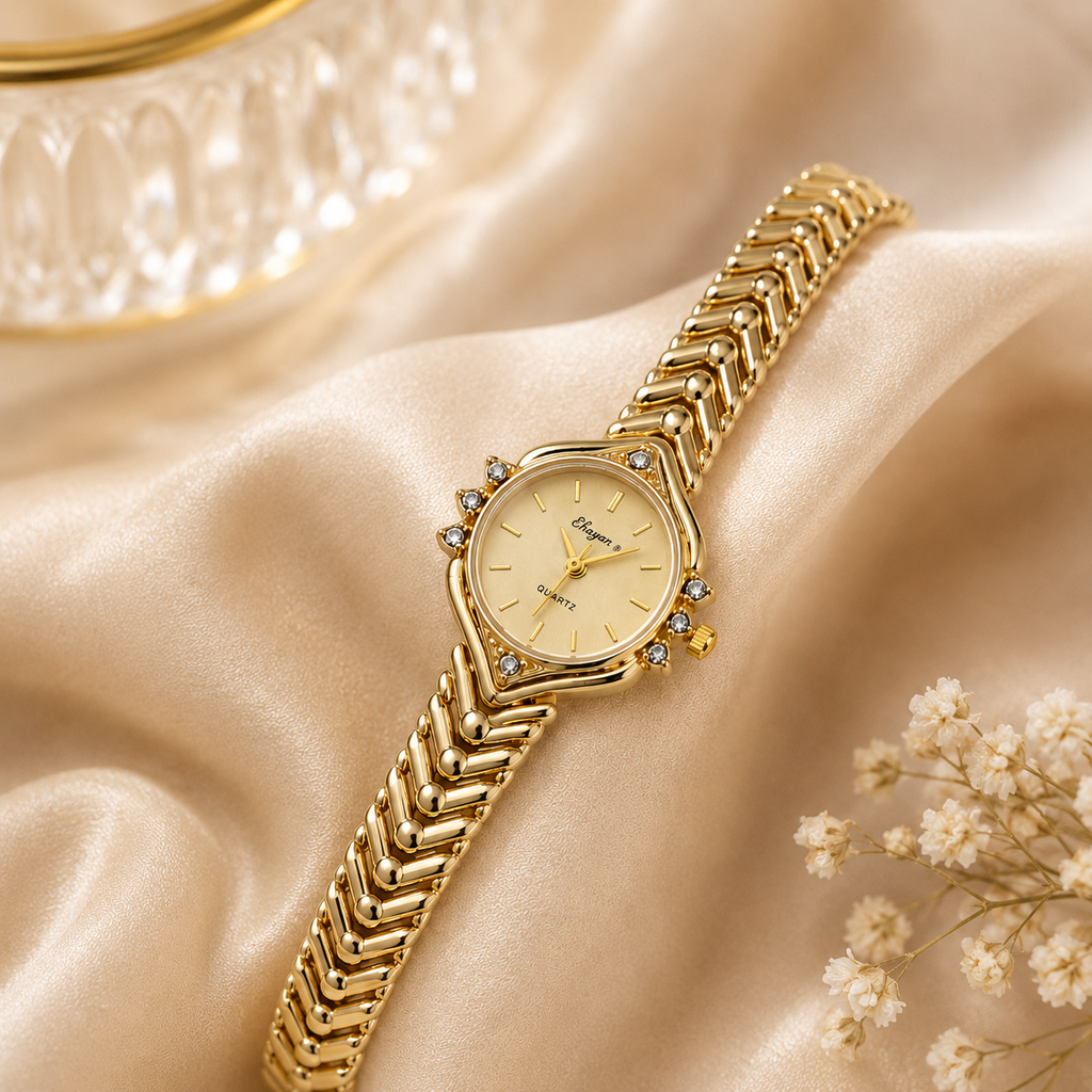 Luxury Gold Crystal Bracelet Watch for Women | Elegant Quartz Analog Wrist Watch