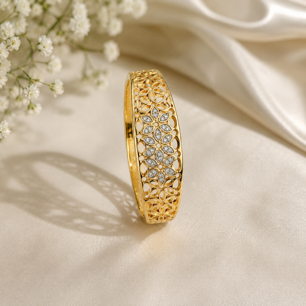 18K Gold Plated Floral Crystal Filigree Bangle | Premium Anti-Tarnish Bracelet for Women