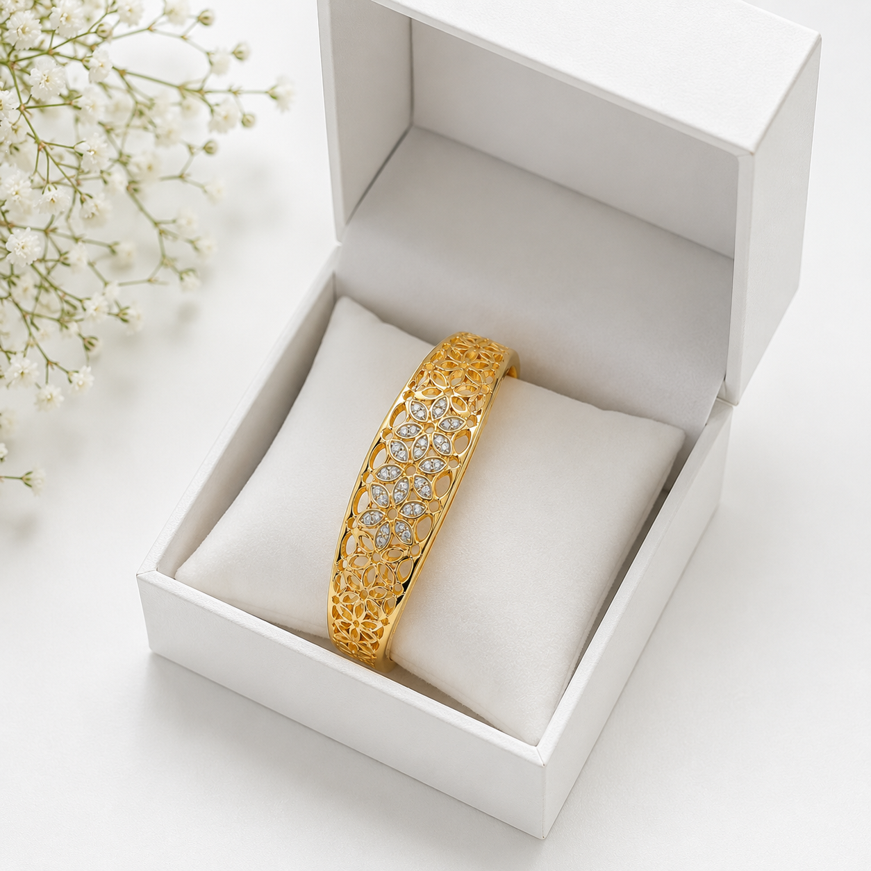 18K Gold Plated Floral Crystal Filigree Bangle | Premium Anti-Tarnish Bracelet for Women