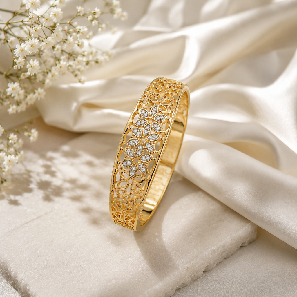 18K Gold Plated Floral Crystal Filigree Bangle | Premium Anti-Tarnish Bracelet for Women