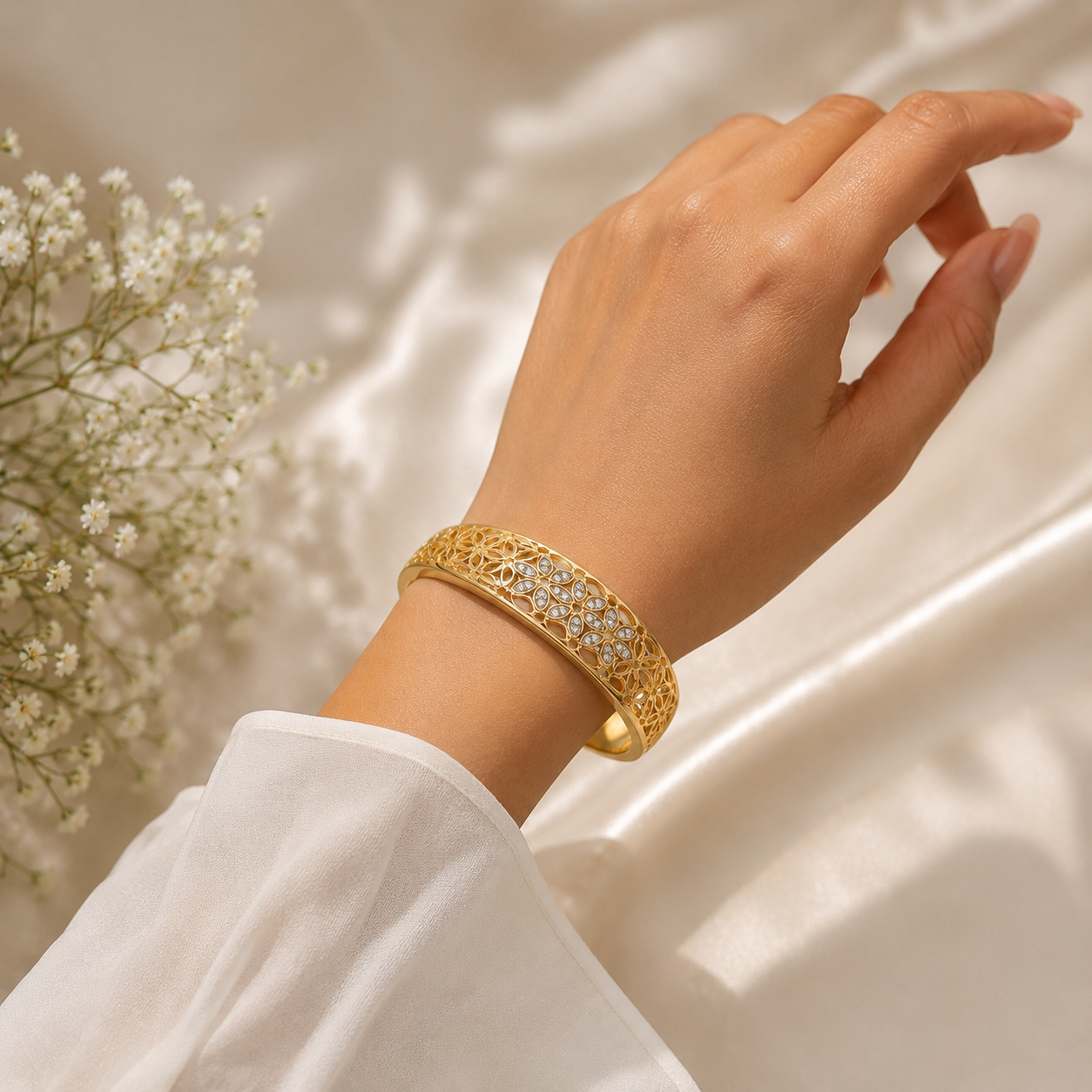18K Gold Plated Floral Crystal Filigree Bangle | Premium Anti-Tarnish Bracelet for Women