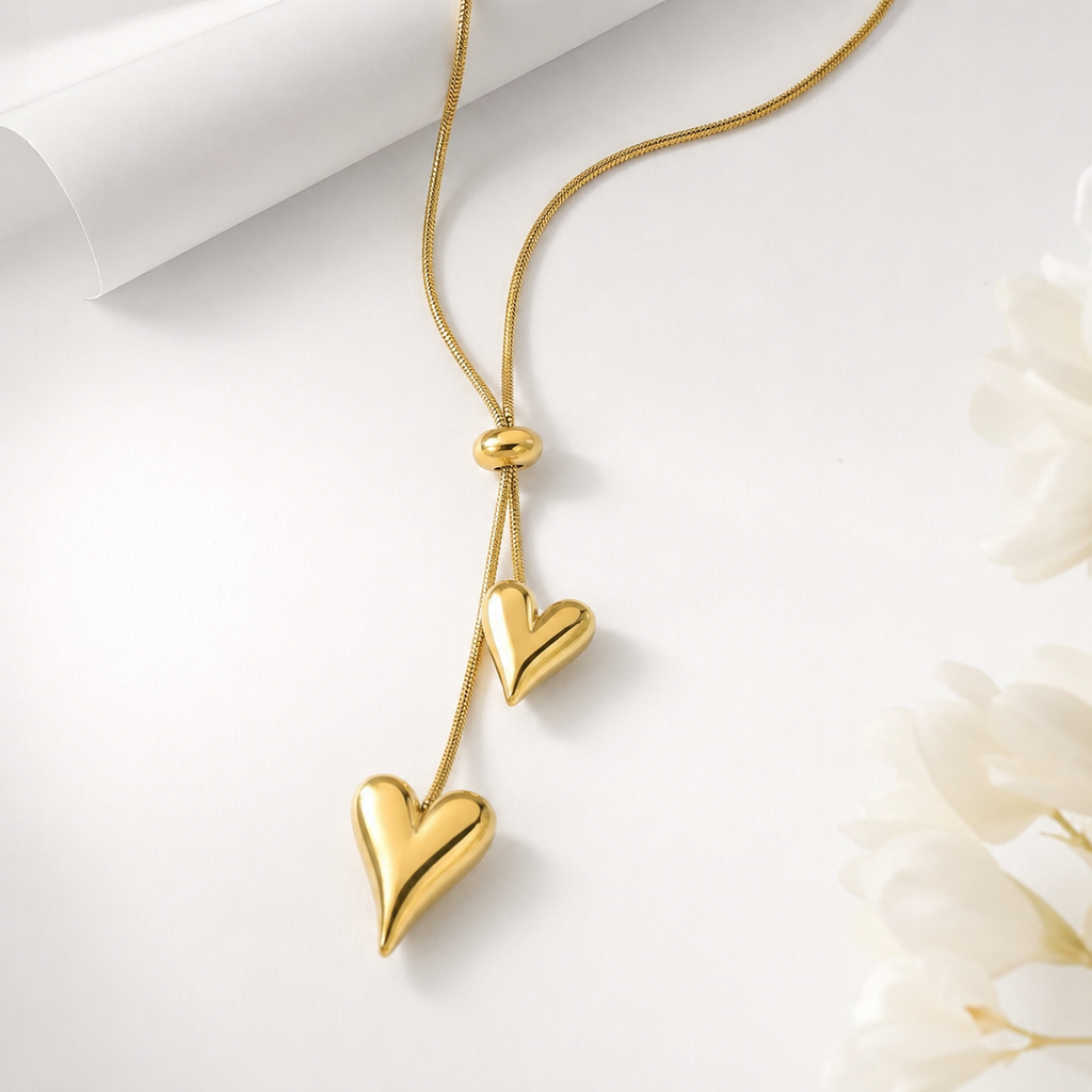 18K Gold Plated Double Heart Adjustable Pendant Necklace for Women | Anti-Tarnish Love Necklace
