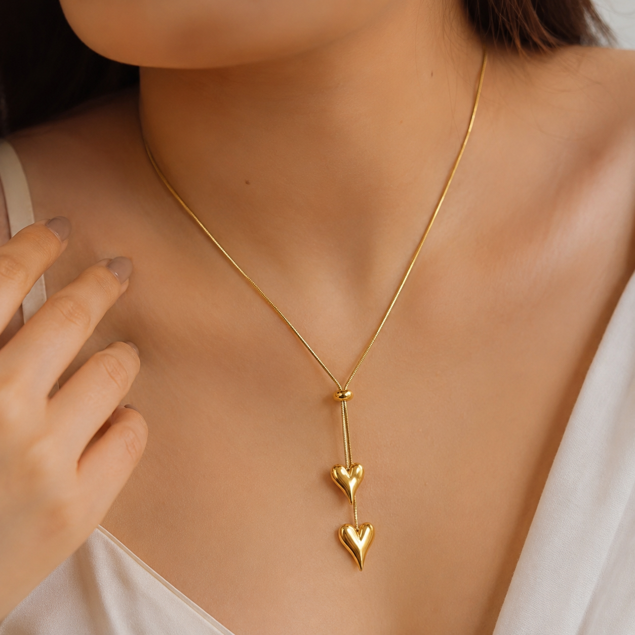18K Gold Plated Double Heart Adjustable Pendant Necklace for Women | Anti-Tarnish Love Necklace