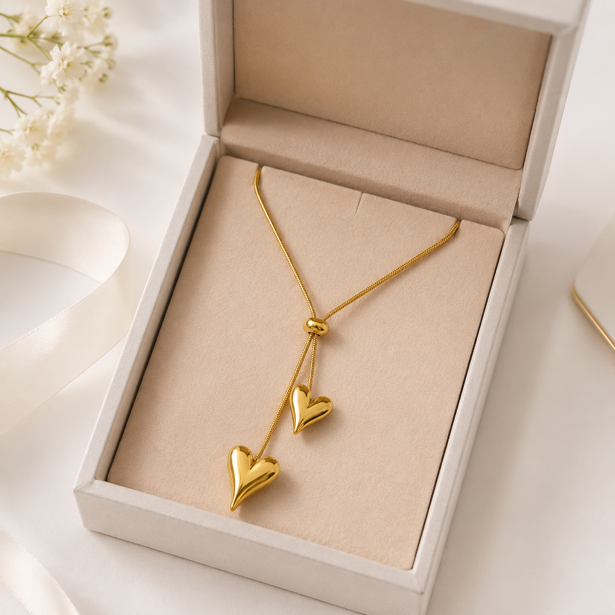 18K Gold Plated Double Heart Adjustable Pendant Necklace for Women | Anti-Tarnish Love Necklace