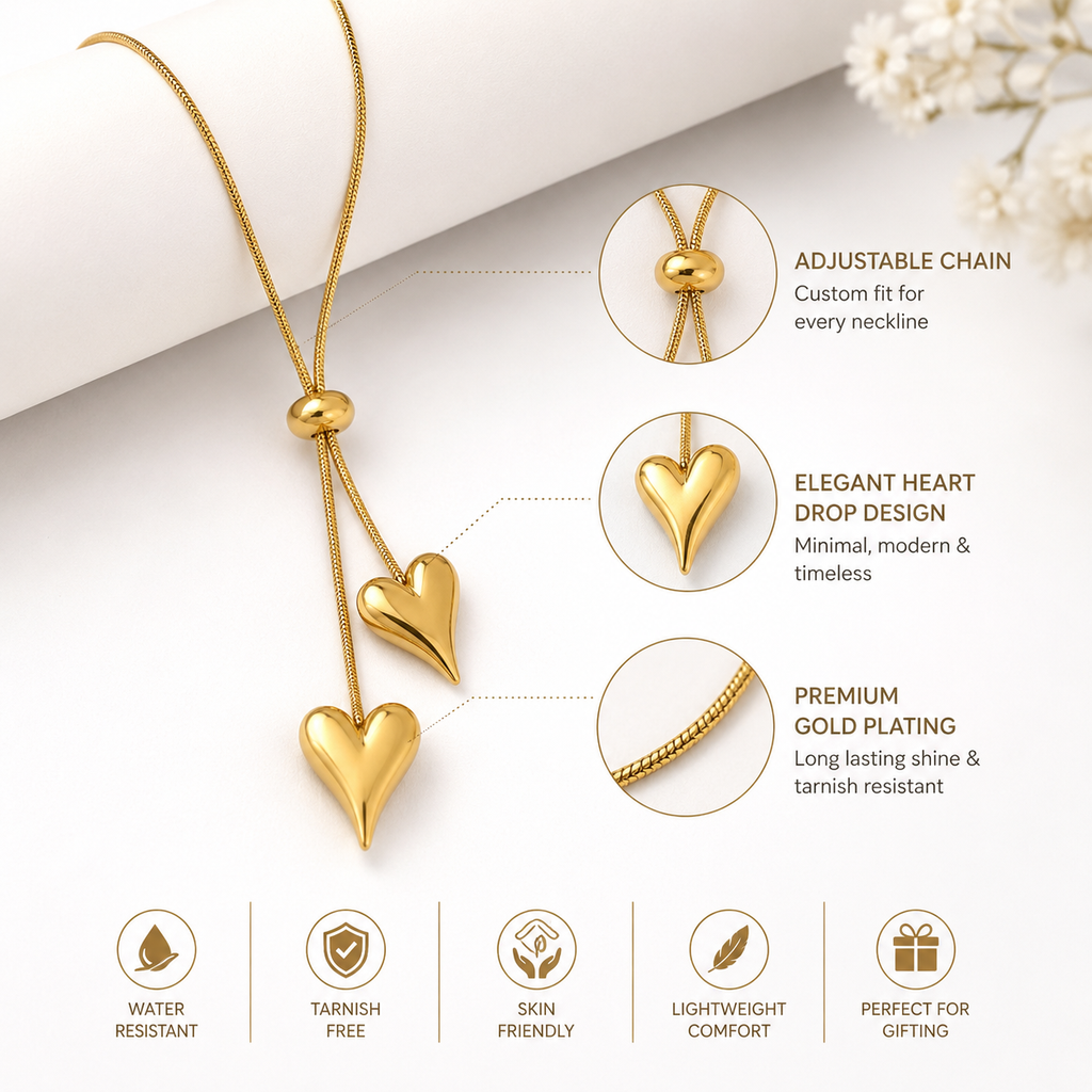 18K Gold Plated Double Heart Adjustable Pendant Necklace for Women | Anti-Tarnish Love Necklace