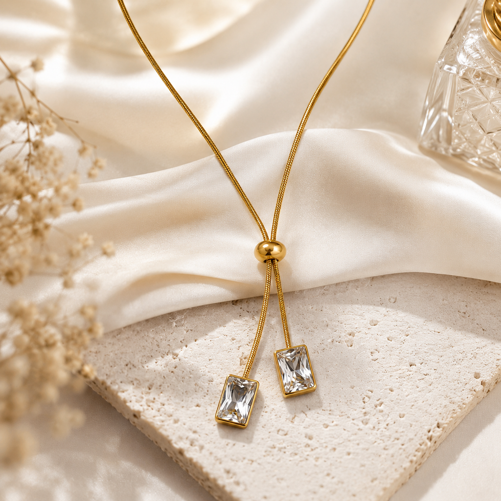 Gold Plated Adjustable Crystal Slider Necklace for Women | Anti-Tarnish Minimalist Pendant Necklace