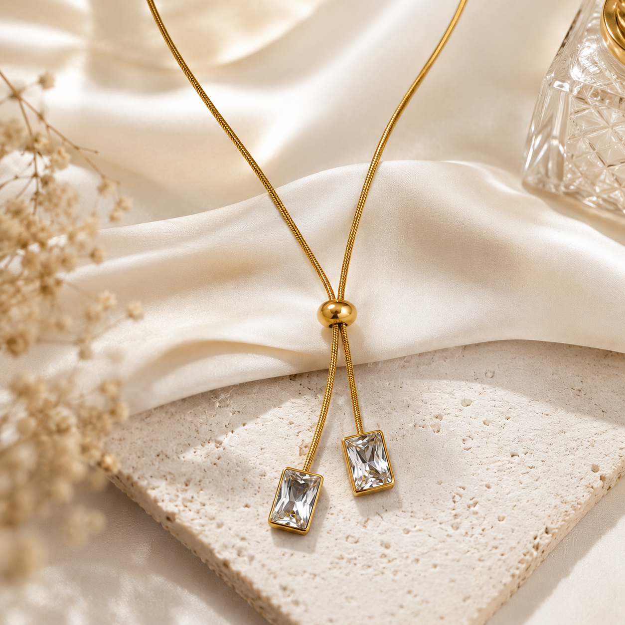 Gold Plated Adjustable Crystal Slider Necklace for Women | Anti-Tarnish Minimalist Pendant Necklace