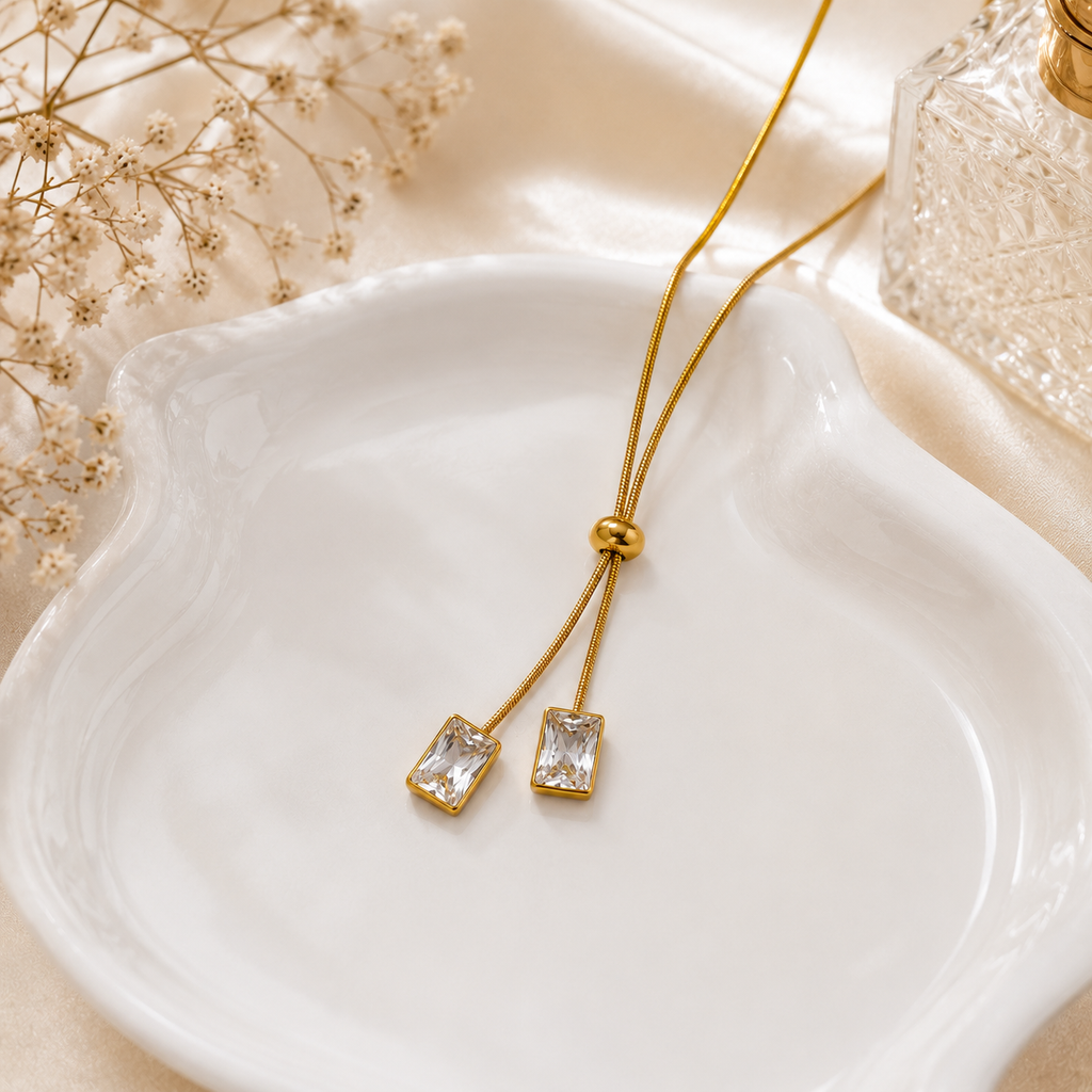 Gold Plated Adjustable Crystal Slider Necklace for Women | Anti-Tarnish Minimalist Pendant Necklace