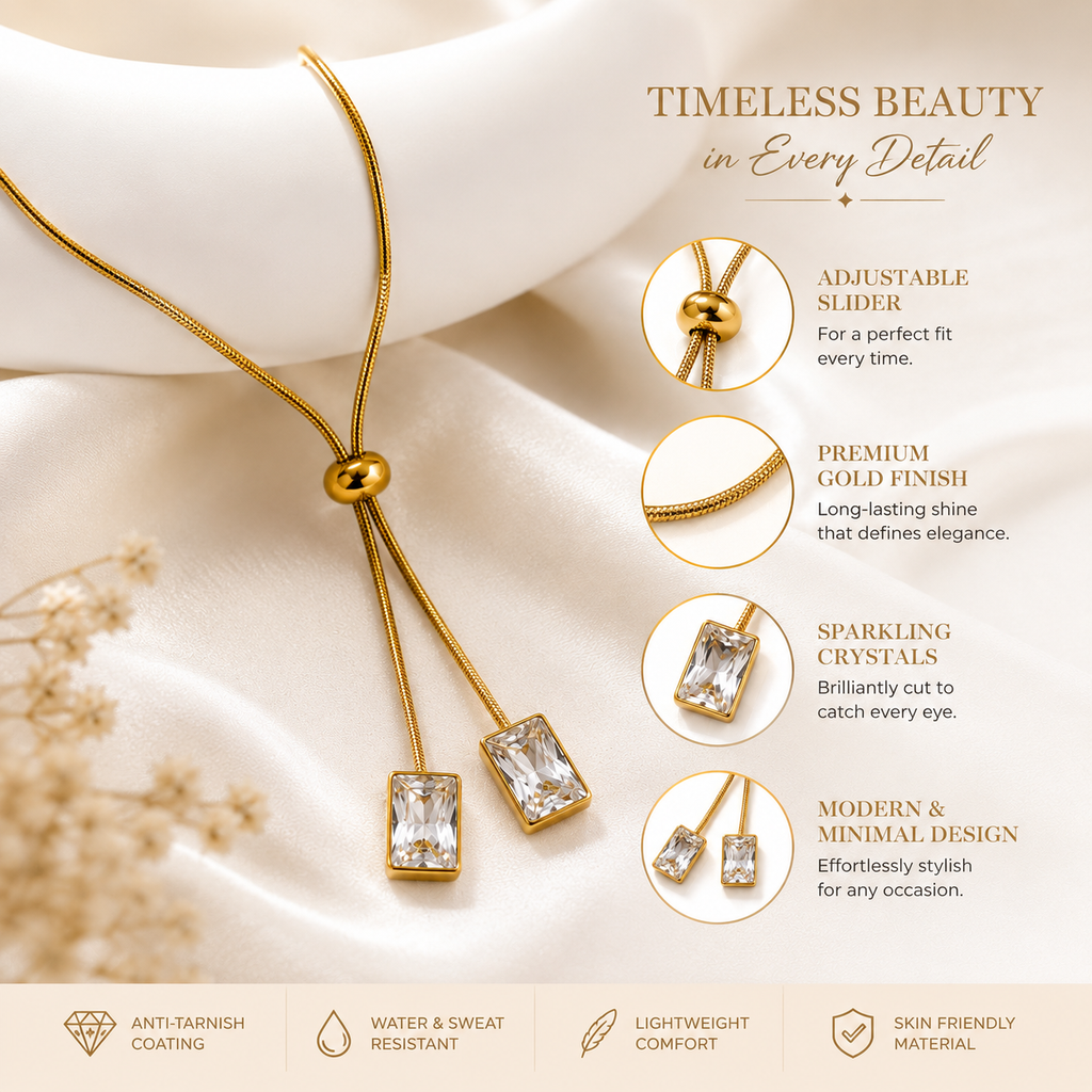 Gold Plated Adjustable Crystal Slider Necklace for Women | Anti-Tarnish Minimalist Pendant Necklace