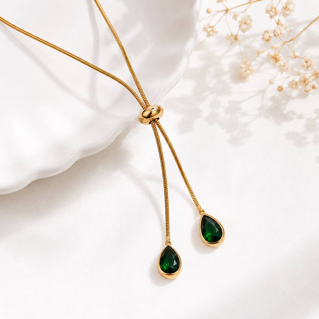 Gold Plated Adjustable Green Teardrop Slider Necklace for Women | Anti-Tarnish Emerald Crystal Necklace
