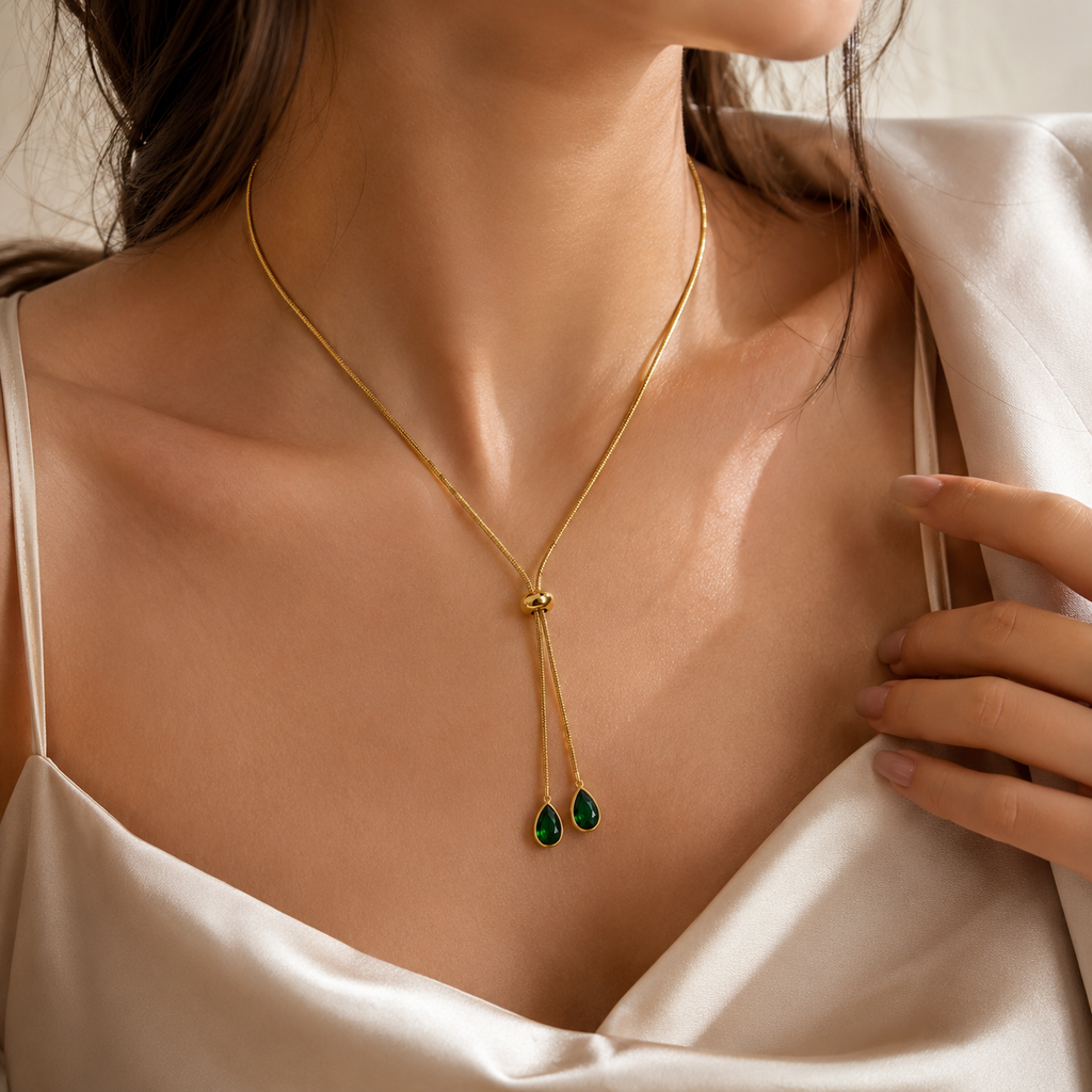 Gold Plated Adjustable Green Teardrop Slider Necklace for Women | Anti-Tarnish Emerald Crystal Necklace
