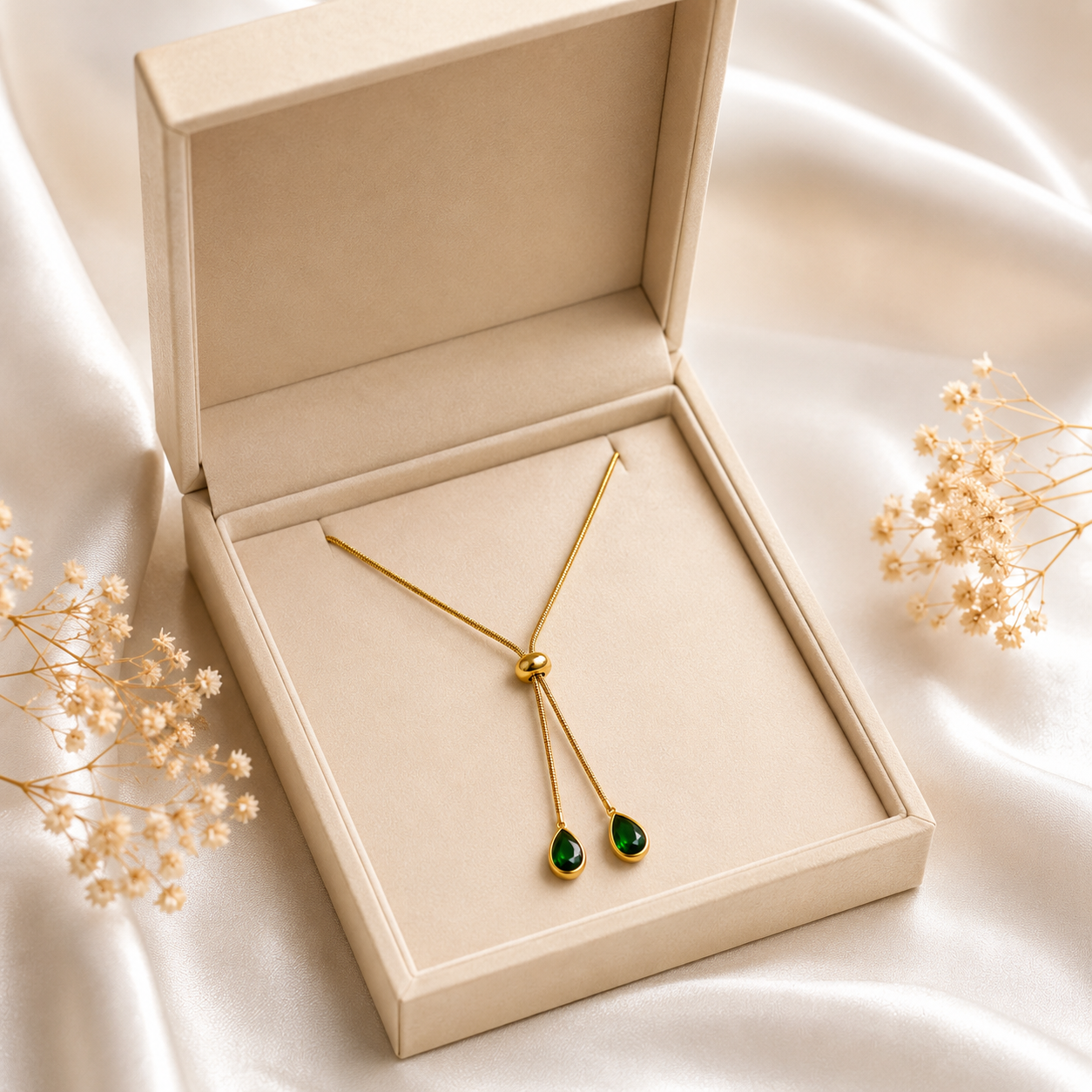 Gold Plated Adjustable Green Teardrop Slider Necklace for Women | Anti-Tarnish Emerald Crystal Necklace