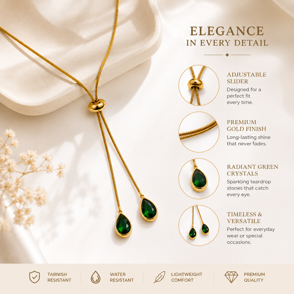 Gold Plated Adjustable Green Teardrop Slider Necklace for Women | Anti-Tarnish Emerald Crystal Necklace
