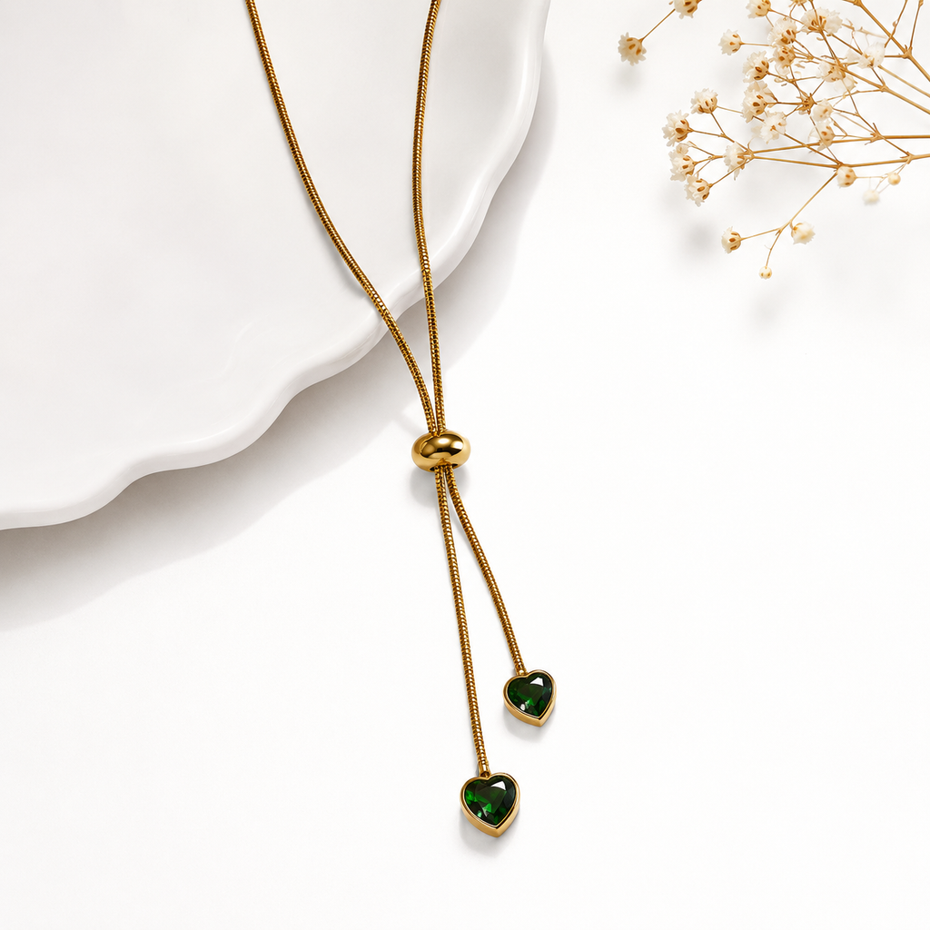 Gold Plated Adjustable Green Heart Slider Necklace for Women | Anti-Tarnish Heart Crystal Necklace