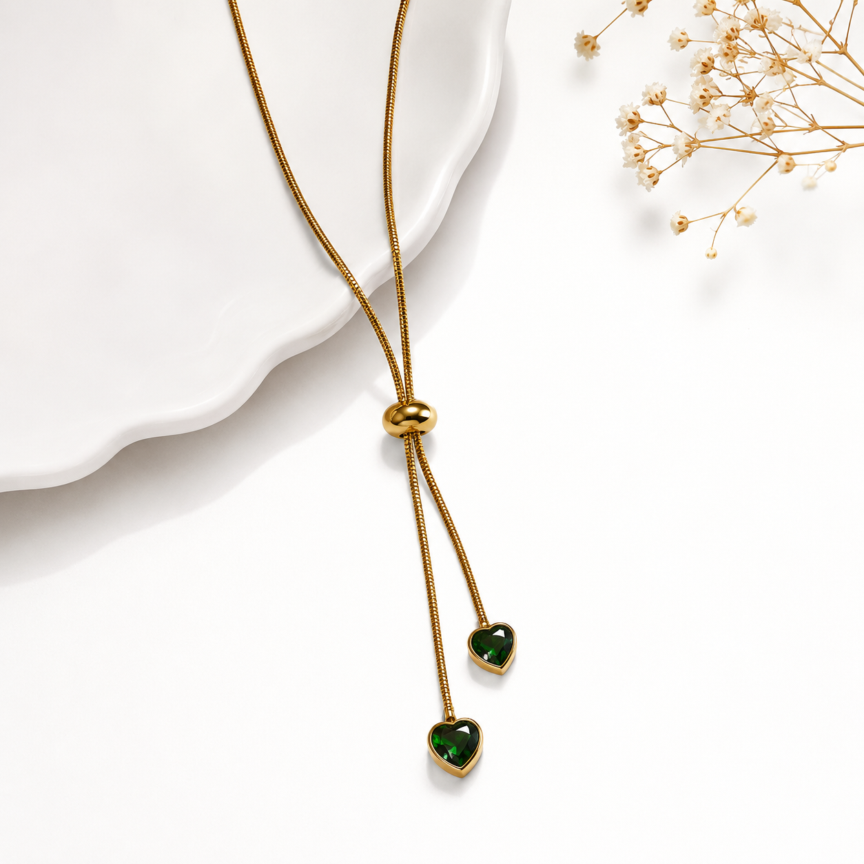 Gold Plated Adjustable Green Heart Slider Necklace for Women | Anti-Tarnish Heart Crystal Necklace