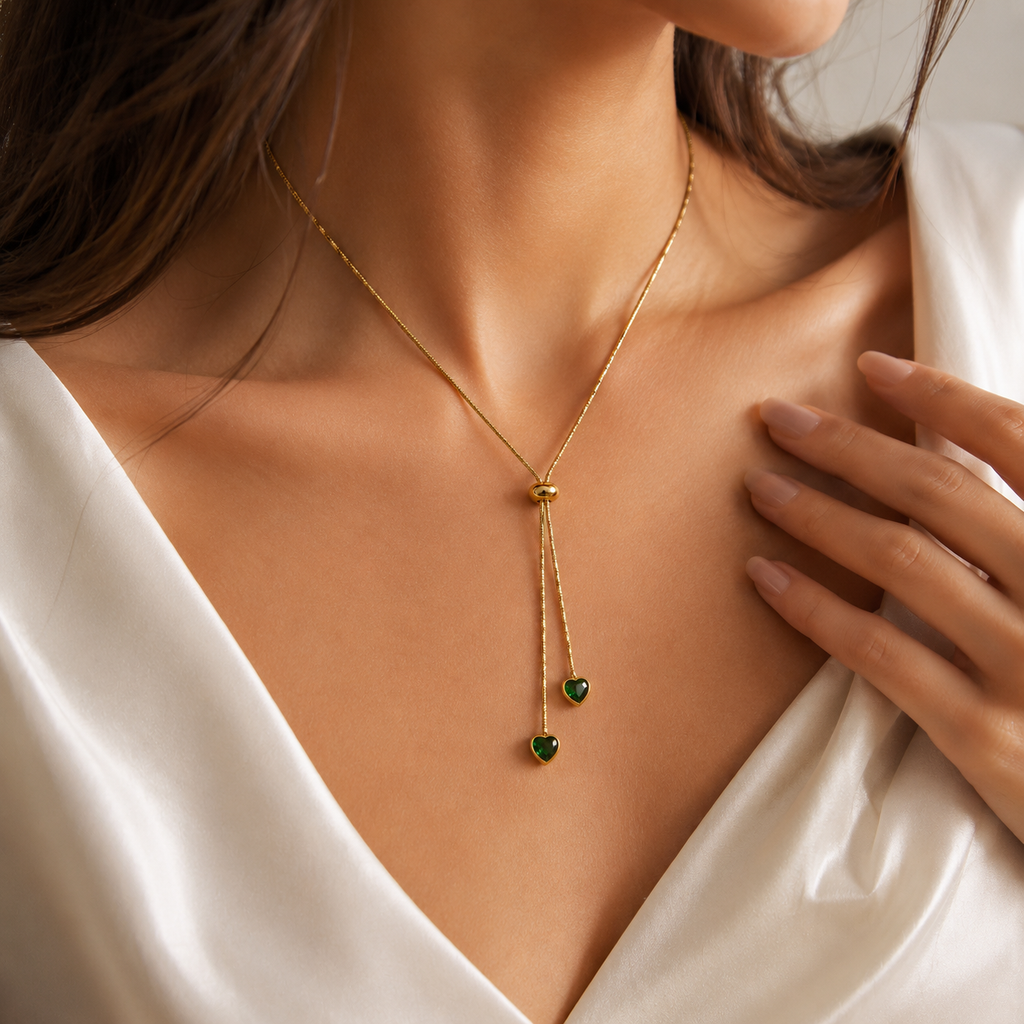 Gold Plated Adjustable Green Heart Slider Necklace for Women | Anti-Tarnish Heart Crystal Necklace