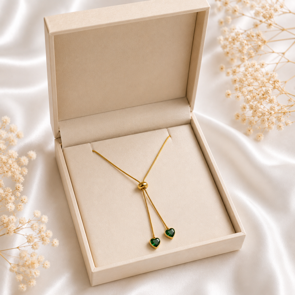 Gold Plated Adjustable Green Heart Slider Necklace for Women | Anti-Tarnish Heart Crystal Necklace