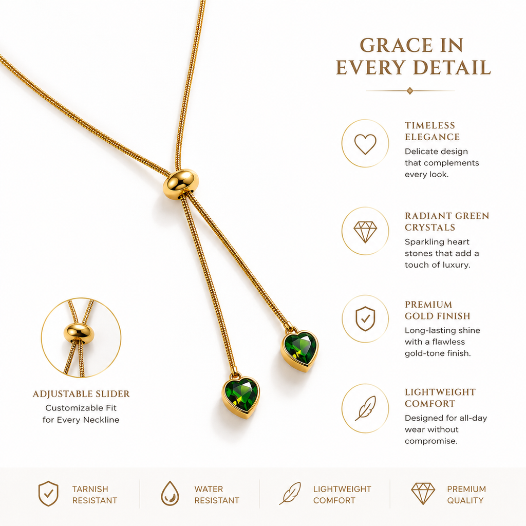 Gold Plated Adjustable Green Heart Slider Necklace for Women | Anti-Tarnish Heart Crystal Necklace
