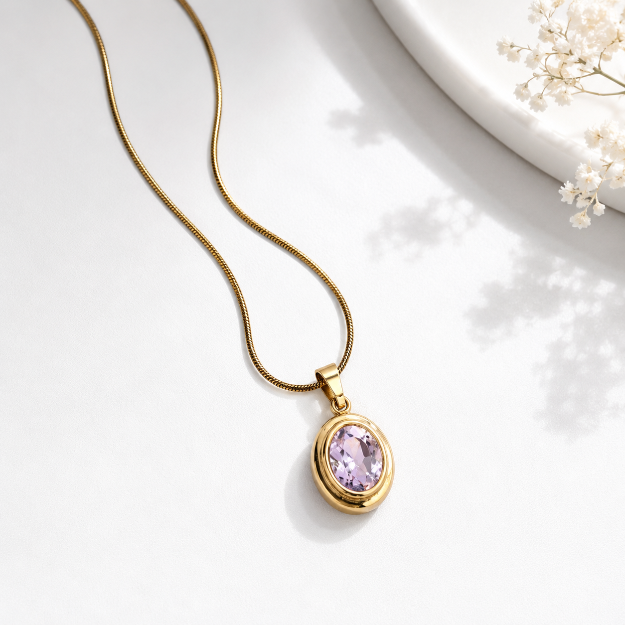 Gold Plated Oval Lavender Crystal Pendant Necklace for Women | Anti-Tarnish Minimalist Necklace