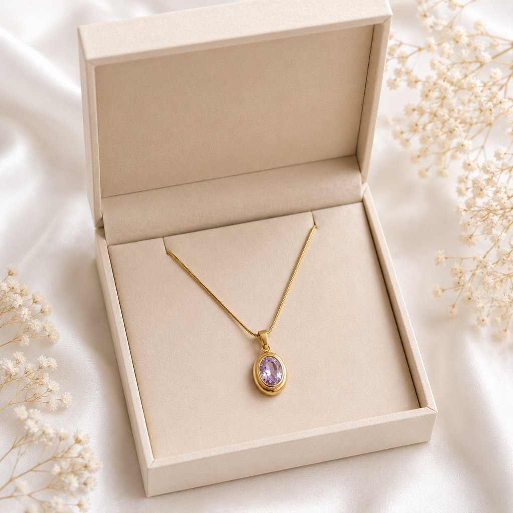 Gold Plated Oval Lavender Crystal Pendant Necklace for Women | Anti-Tarnish Minimalist Necklace