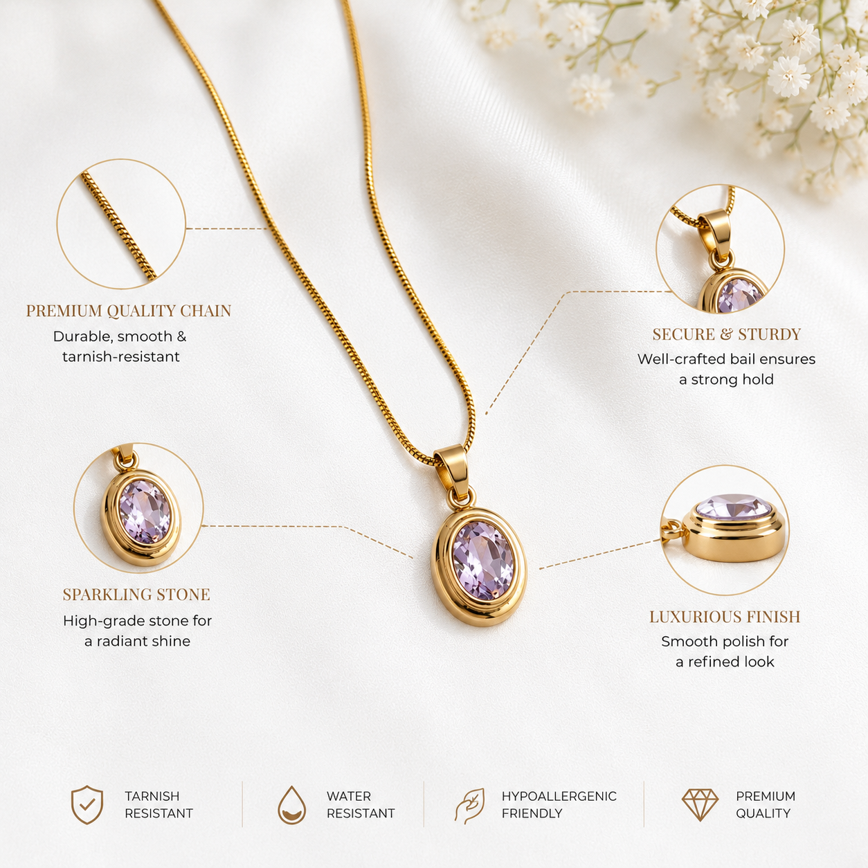 Gold Plated Oval Lavender Crystal Pendant Necklace for Women | Anti-Tarnish Minimalist Necklace