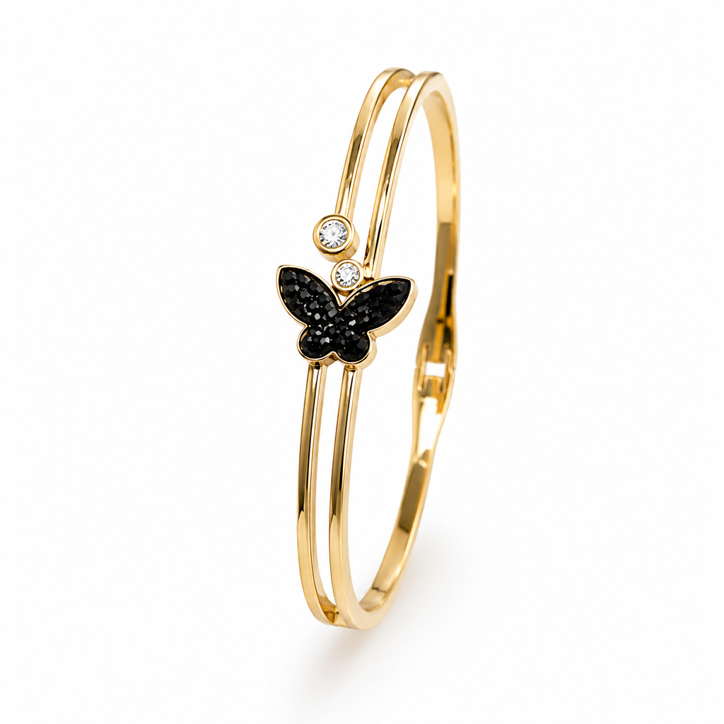 18K Gold Plated Black Butterfly Open Cuff Bangle | Anti-Tarnish Luxury Bracelet