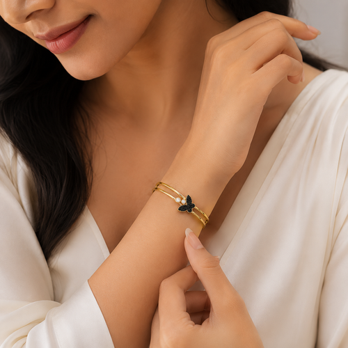 9K Gold Plated Black Butterfly Open Cuff Bangle | Anti-Tarnish Luxury Bracelet