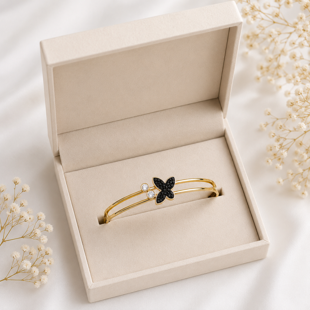 18K Gold Plated Black Butterfly Open Cuff Bangle | Anti-Tarnish Luxury Bracelet