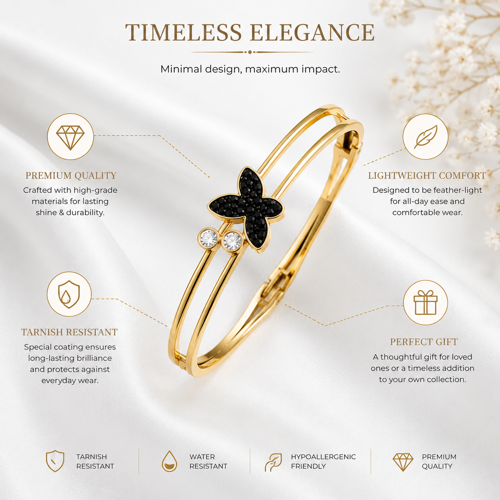 18K Gold Plated Black Butterfly Open Cuff Bangle | Anti-Tarnish Luxury Bracelet