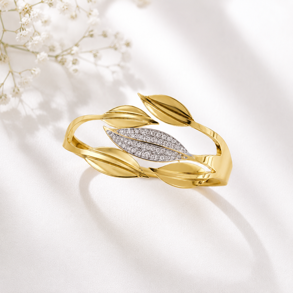 18K Gold Plated Leaf Crystal Open Cuff Bangle | Premium Anti-Tarnish Bracelet for Women