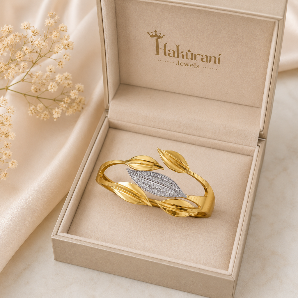 18K Gold Plated Leaf Crystal Open Cuff Bangle | Premium Anti-Tarnish Bracelet for Women