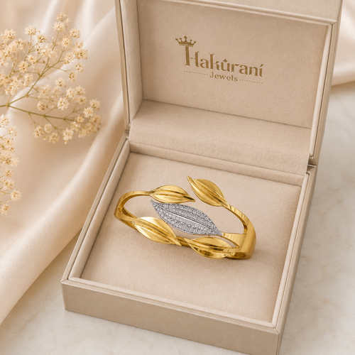 9K Gold Plated Leaf Crystal Open Cuff Bangle | Premium Anti-Tarnish Bracelet for Women