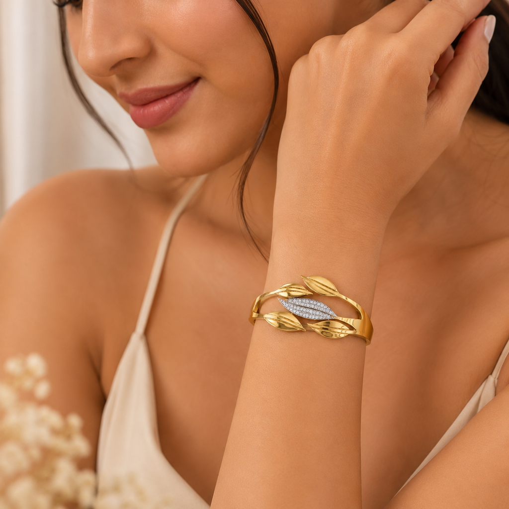 18K Gold Plated Leaf Crystal Open Cuff Bangle | Premium Anti-Tarnish Bracelet for Women