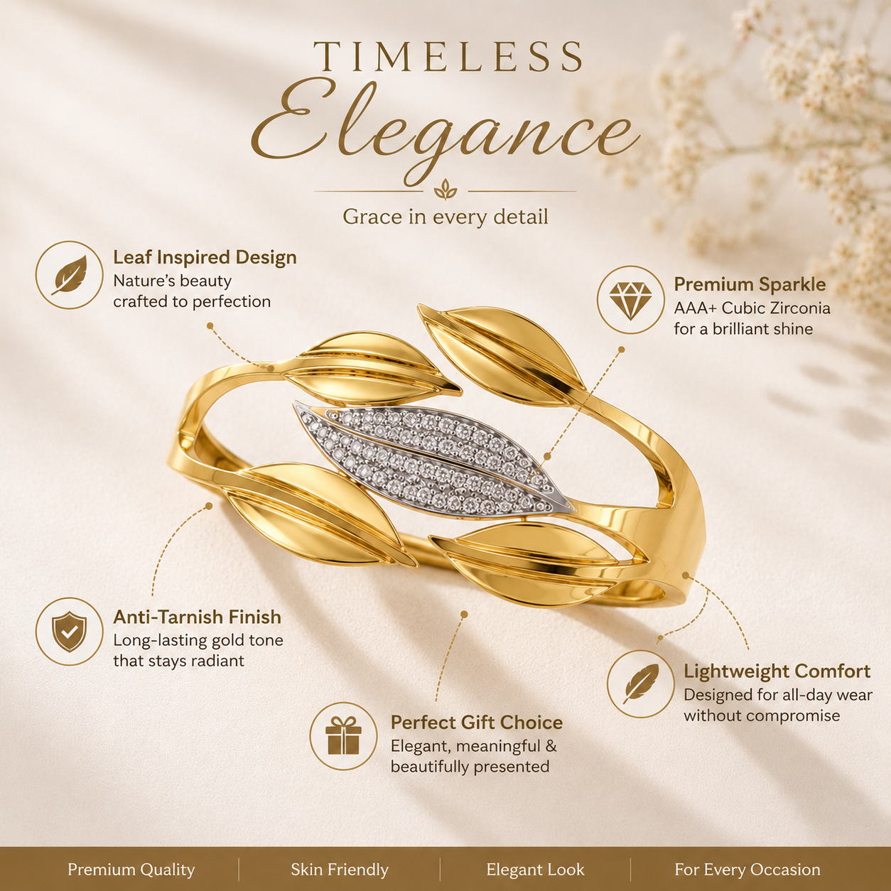 18K Gold Plated Leaf Crystal Open Cuff Bangle | Premium Anti-Tarnish Bracelet for Women