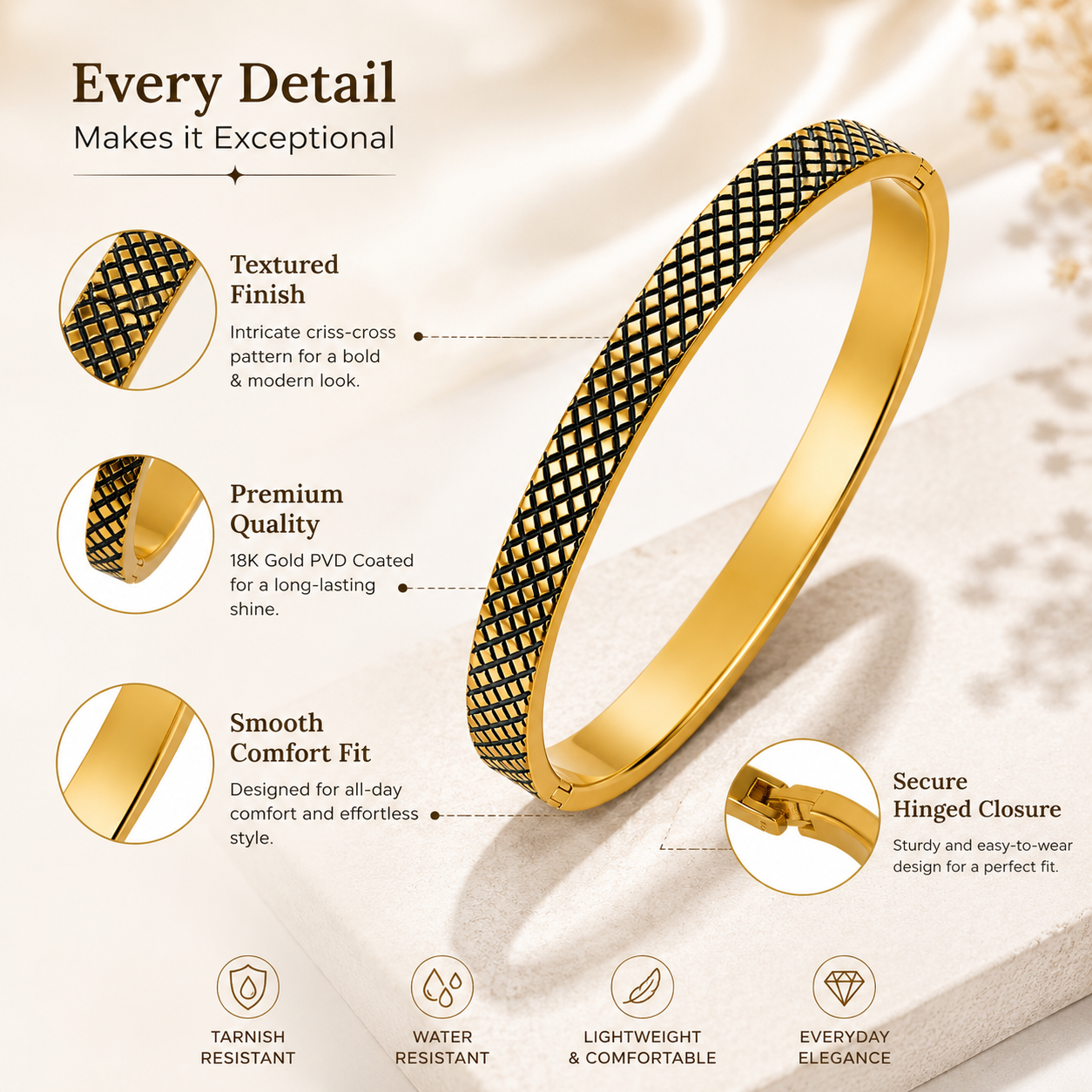 18K Gold Plated Textured Mesh Bangle | Premium Anti-Tarnish Bracelet for Women