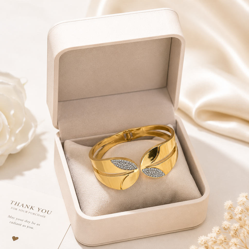 18K Gold Plated Leaf Crystal Open Cuff Bangle | Premium Anti-Tarnish Bracelet for Women