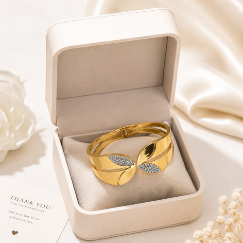 9K Gold Plated Leaf Crystal Open Cuff Bangle | Premium Anti-Tarnish Bracelet for Women