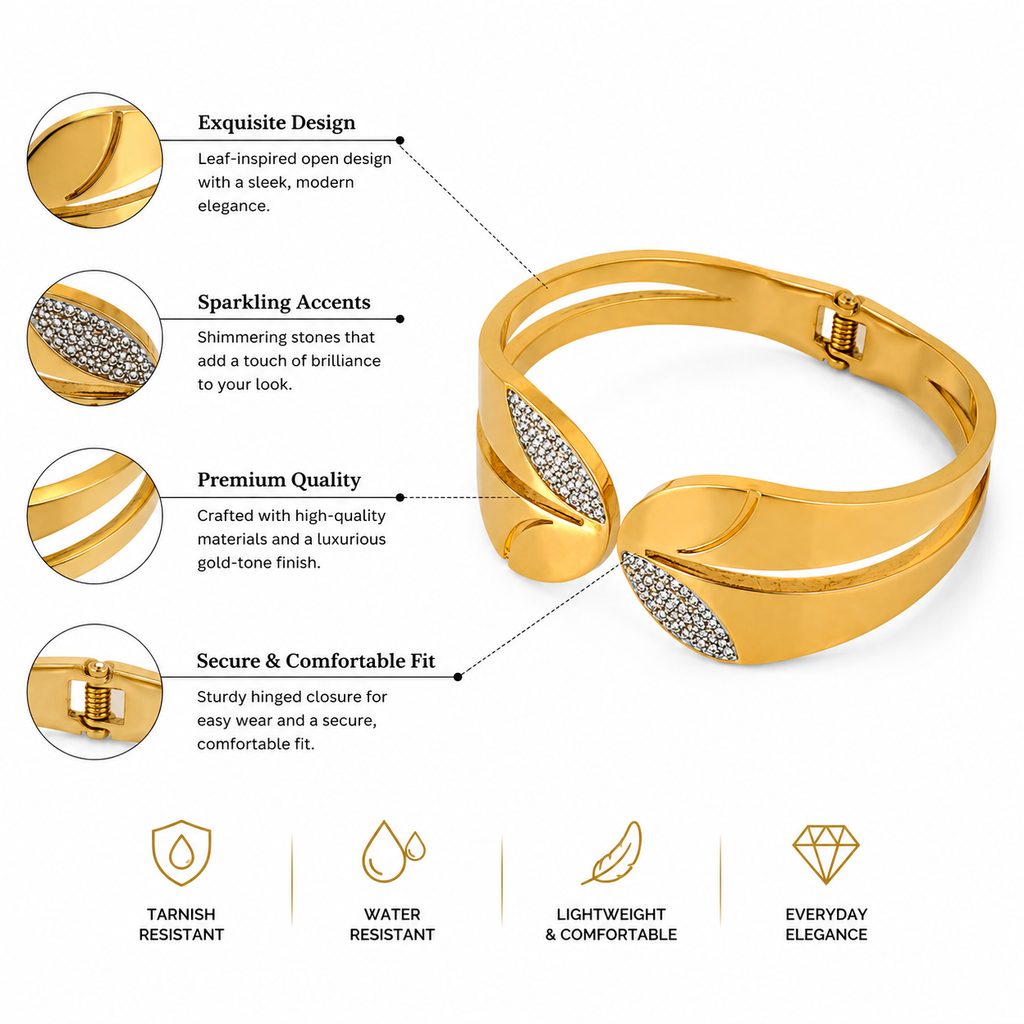 18K Gold Plated Leaf Crystal Open Cuff Bangle | Premium Anti-Tarnish Bracelet for Women