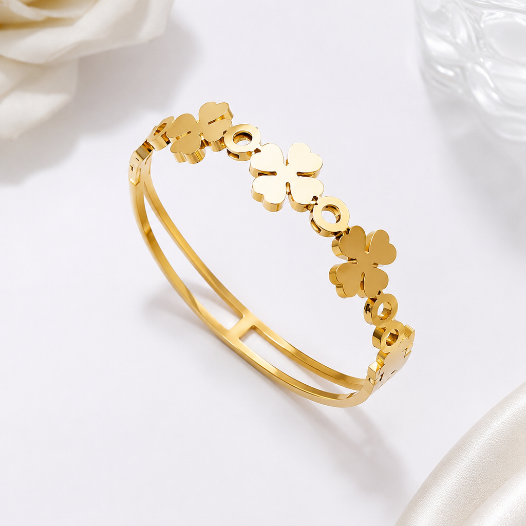 9K Gold Lucky Clover Bracelet for Women | Adjustable Designer Cuff