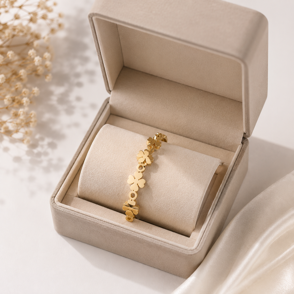 9K Gold Lucky Clover Bracelet for Women | Adjustable Designer Cuff