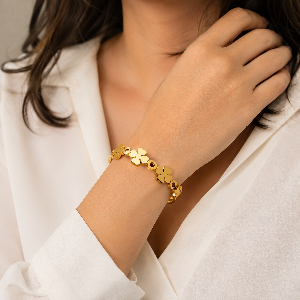 9K Gold Lucky Clover Bracelet for Women | Adjustable Designer Cuff